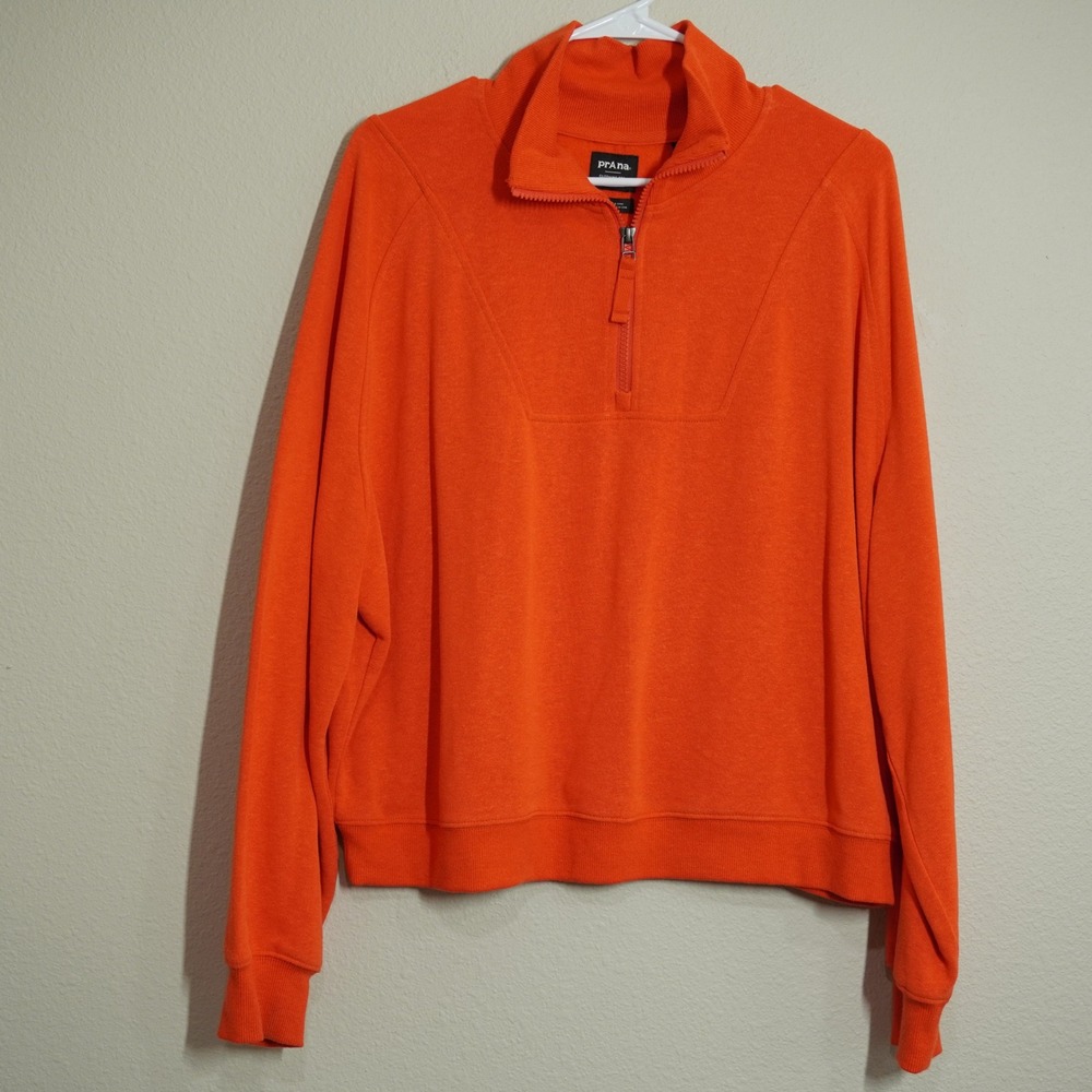 Prana Women's XL Orange Quarter Zip Hemp Blend Fleece Pullover Sweatshirt Cozy